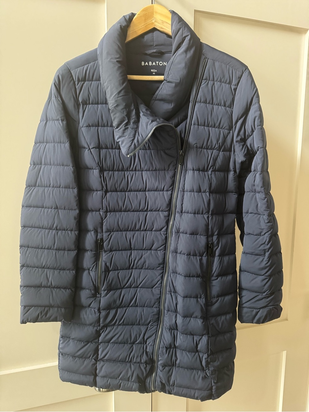 Babaton Dark Navy Quilted Asymmetrical Puffer Coat